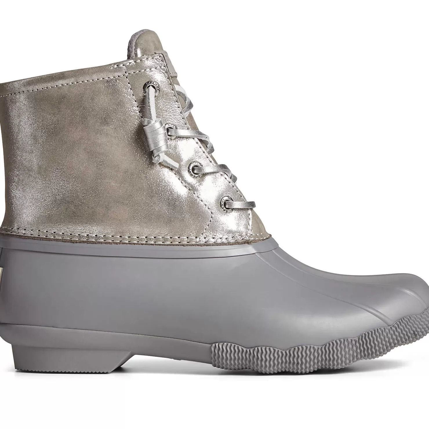 Saltwater Duck Boot | Sale | Sperry Women's Saltwater Metallic Leather Duck Boot Silver